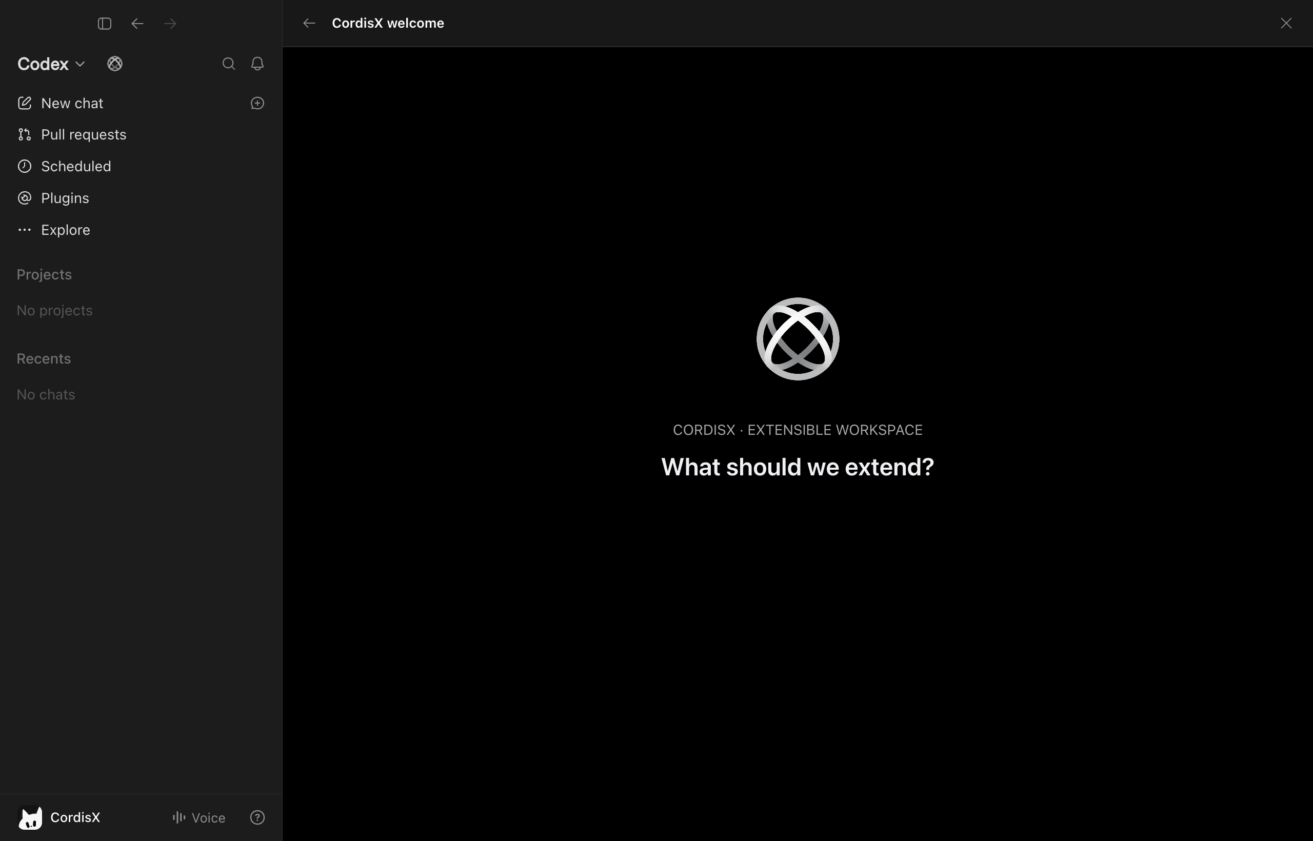 Signed-in Codex Desktop workspace launched by CordisX