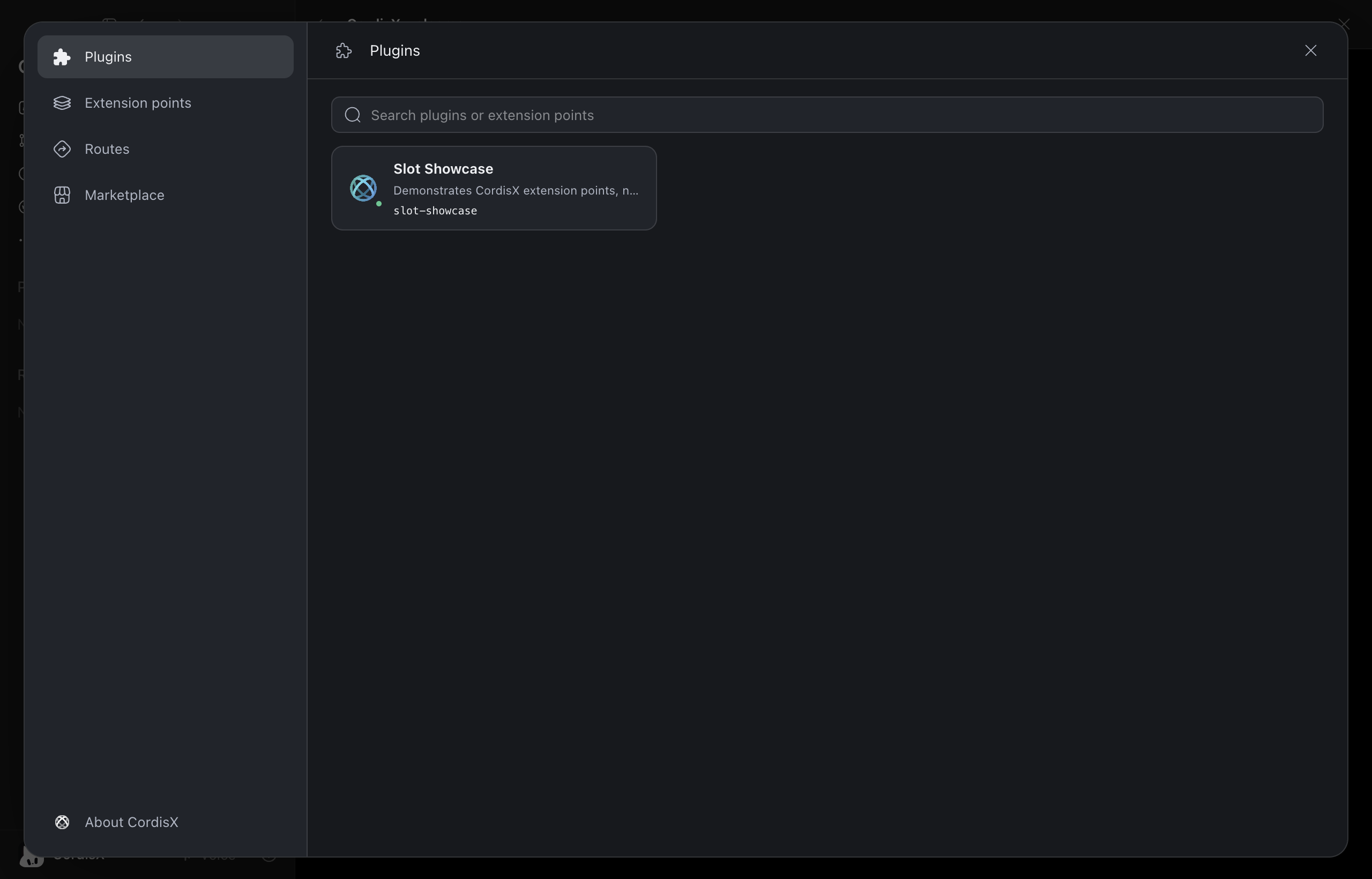 CordisX Manager plugins page inside Codex Desktop